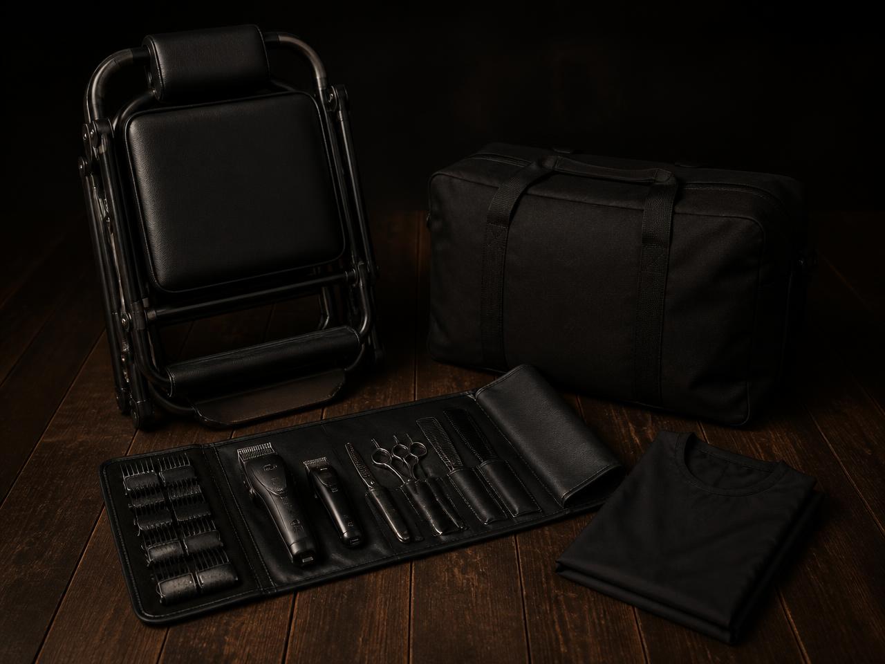 Folded portable barber chair, tool roll and kit bag ready to travel